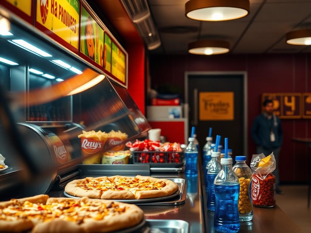 Student Canteen snack bar with pizza, chips, and drinks